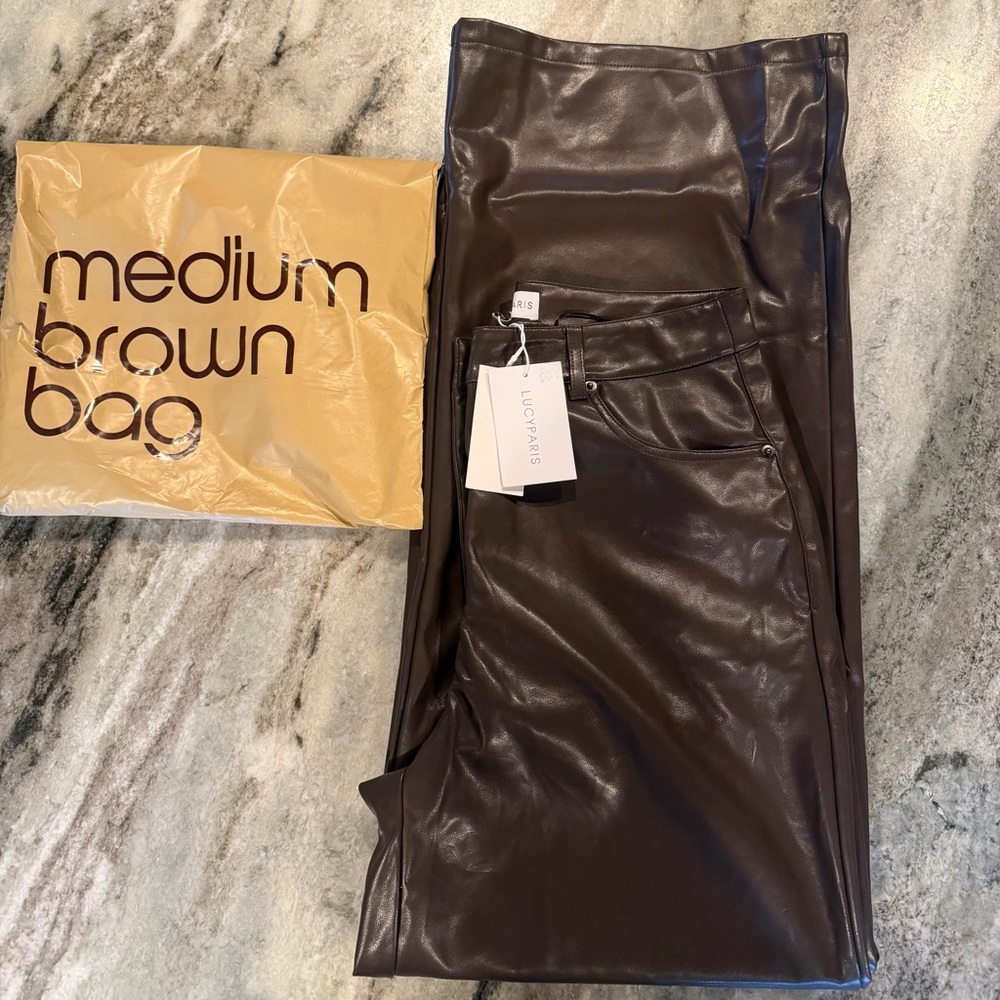 Bloomingdales Lucy Paris Dark Brown wide leg faux leather pants